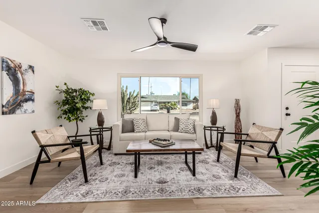 a living room with furniture and a potted plant