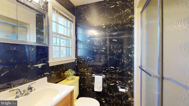 a bathroom with a sink a mirror and a shower