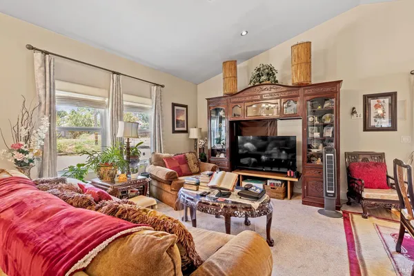 a living room with furniture a fireplace and a floor to ceiling window
