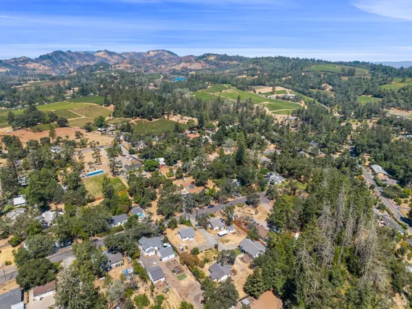 an aerial view of residential houses with outdoor space and trees
