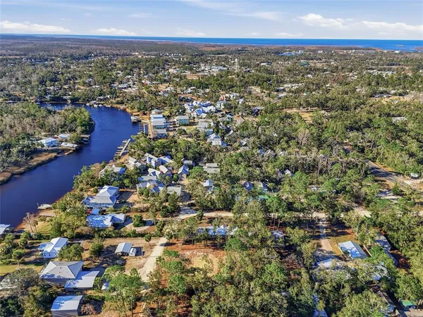 an aerial view of residential houses with outdoor space and trees