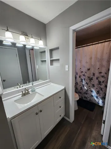 a bathroom with a sink and mirror