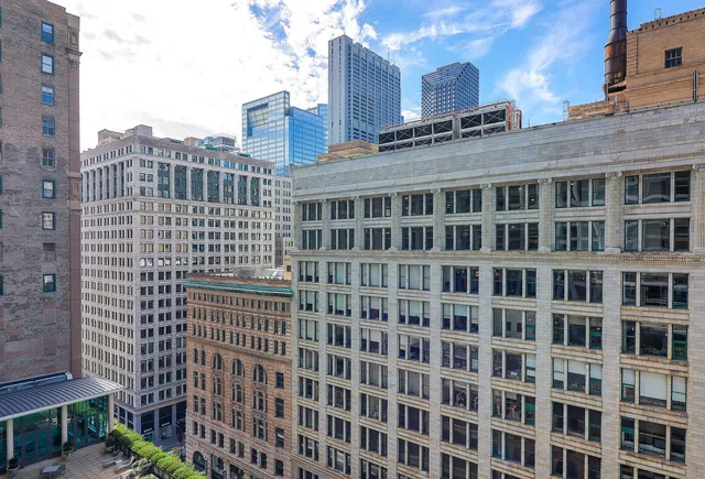 a city view with tall buildings