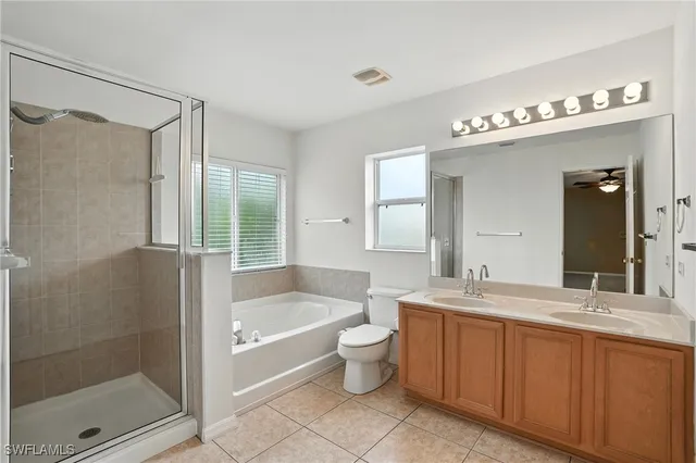 a bathroom with a double vanity sink toilet mirror and bathtub