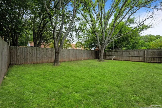 a view of a yard with wooden fence and large trees