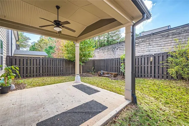 a garden view with a seating space