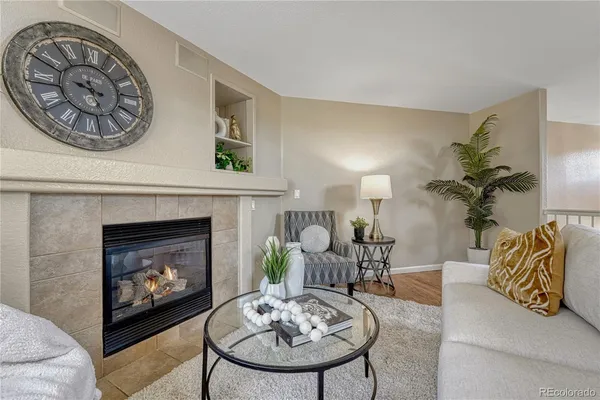 a living room with furniture a fireplace and wall paintings