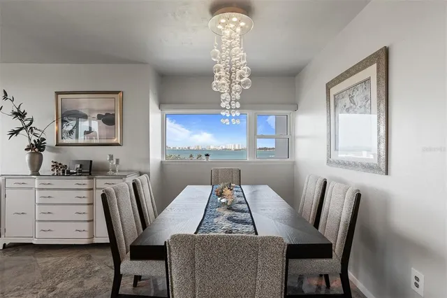a view of a dining room with furniture and window