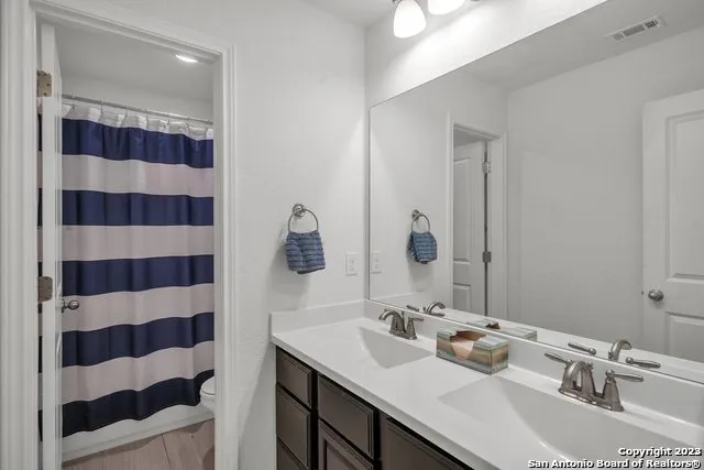 a bathroom with a sink a toilet a shower and a mirror