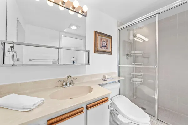 a bathroom with a sink a toilet and shower