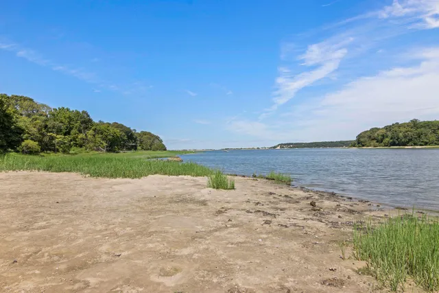 a view of a lake with houses in the back