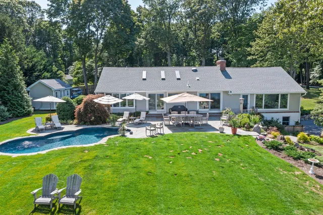 a view of a lake with a garden