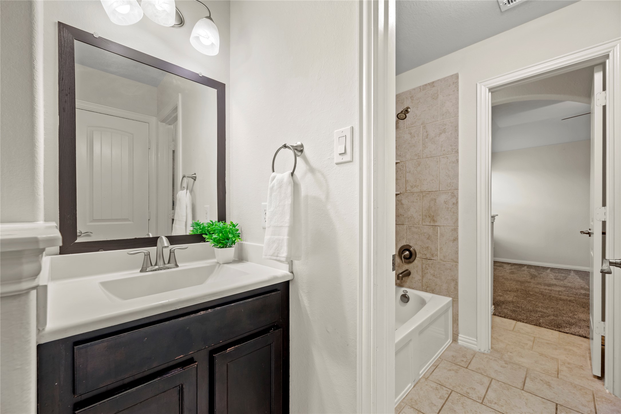 5205 Rainy Garden Court Rosharon, TX 77583 - Photo 34 of 40 a bathroom with a sink a mirror and a bathtub