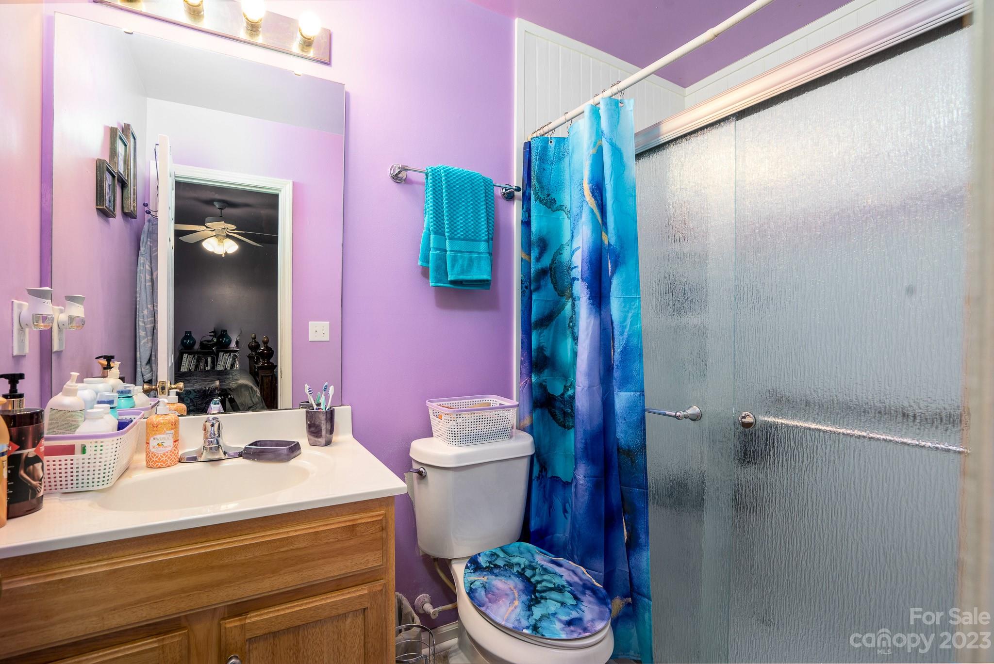 907 McDonald Road Charlotte, NC 28214 - Photo 21 of 28 a bathroom with a sink a toilet and shower curtain