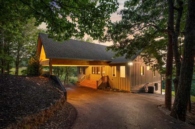a view of a city with lush green forest