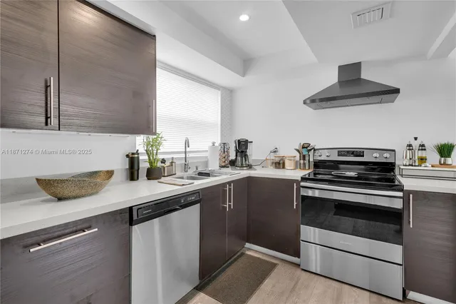 a kitchen with a sink stove and microwave