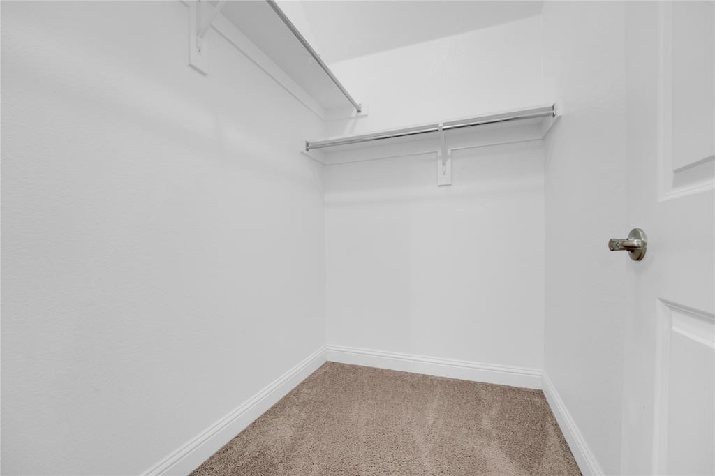 1011 Prairie Ridge Lane Arlington, TX 76005 - Photo 15 of 32 Walk-in closet featuring carpeted flooring, white walls, and a built-in shelving system with a hanging rod