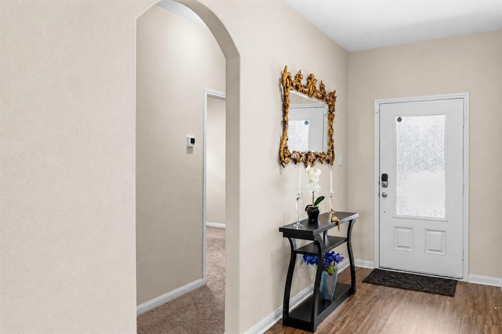 Entryway featuring wood-finish flooring, a white paneled door with a privacy glass insert, and an arched doorway