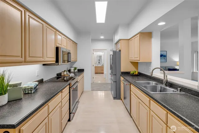 a kitchen with a sink a potted plant and cabinets