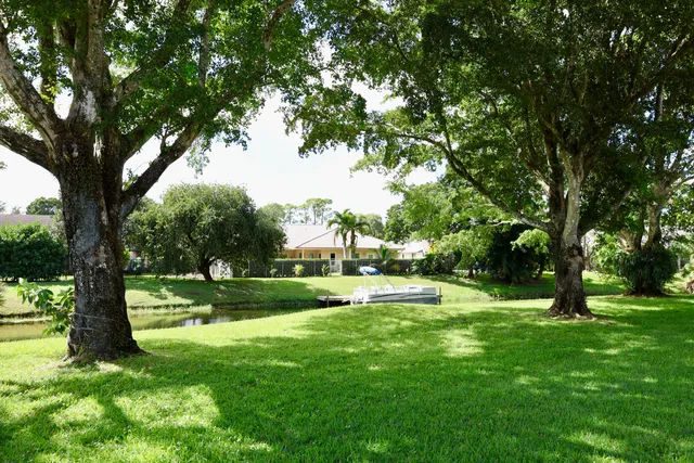 a view of swimming pool with a big yard and large trees
