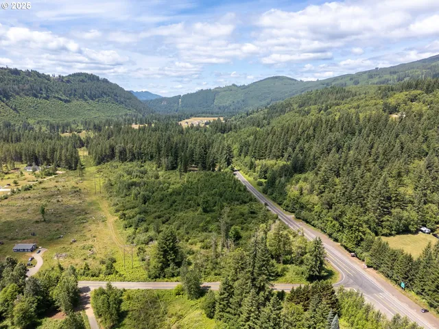 a view of a lush green field with mountains in the background