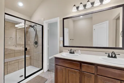 a bathroom with a shower sink vanity and mirror