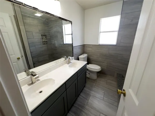 a bathroom with a toilet sink and mirror
