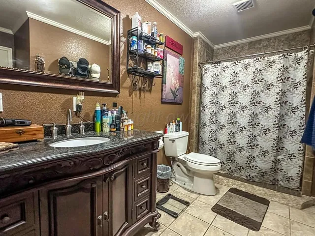 a bathroom with a sink a toilet and a shower curtain