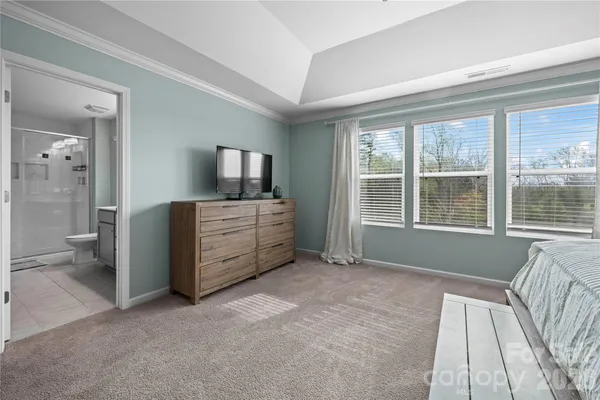 a view of a bedroom with cabinet mirror and windows