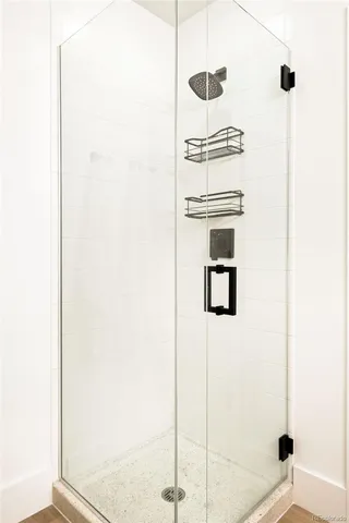 a bathroom with a shower and a mirror