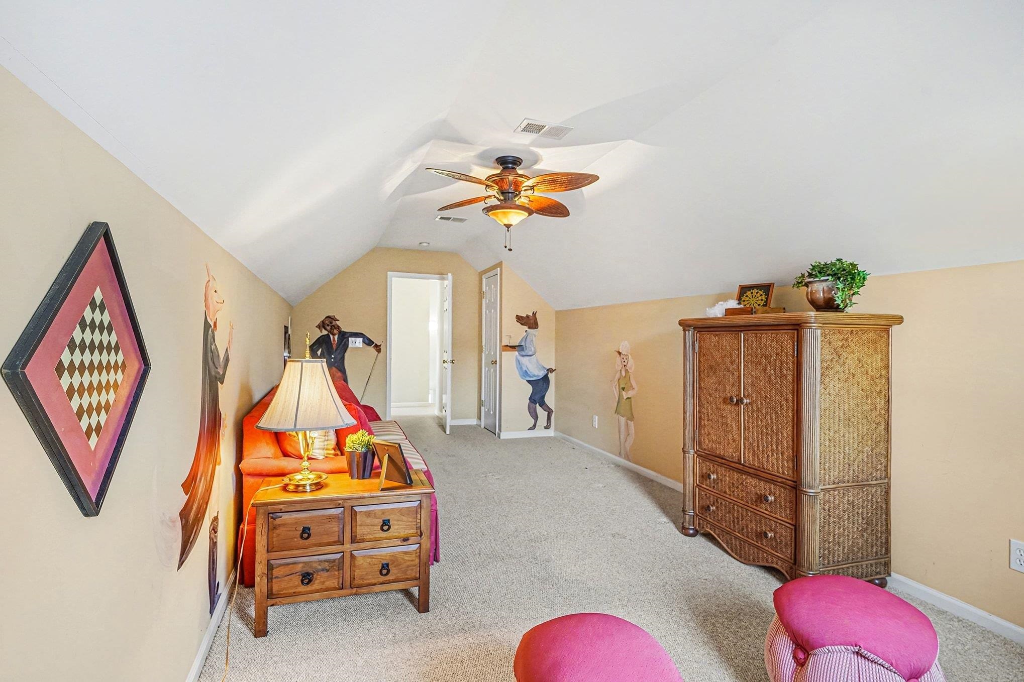 3425 Arrowhead Boulevard Myrtle Beach, SC 29579 - Photo 23 of 38 Game room with carpet floors, ceiling fan, and vaulted ceiling