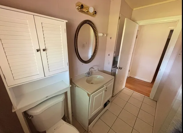 a bathroom with a sink a toilet and a mirror