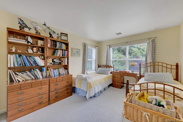 a bedroom with furniture and a book shelf