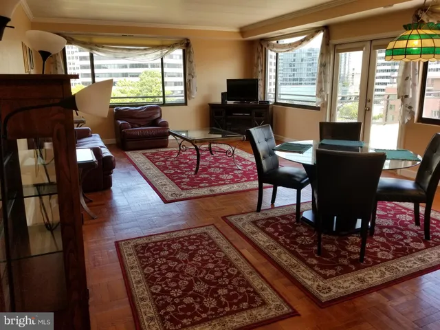 a living room with furniture a rug and a floor to ceiling window