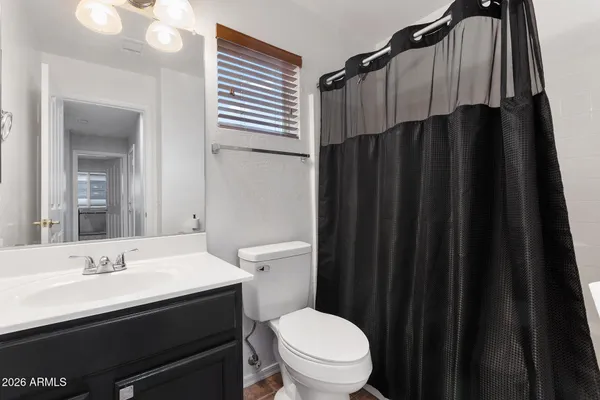 a bathroom with a sink a toilet a mirror and shower curtain
