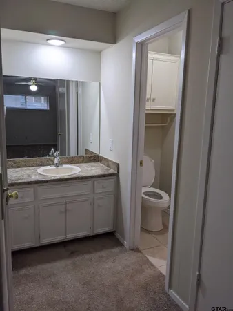 a bathroom with a granite countertop sink toilet and mirror