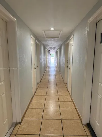 a hallway with view of a building