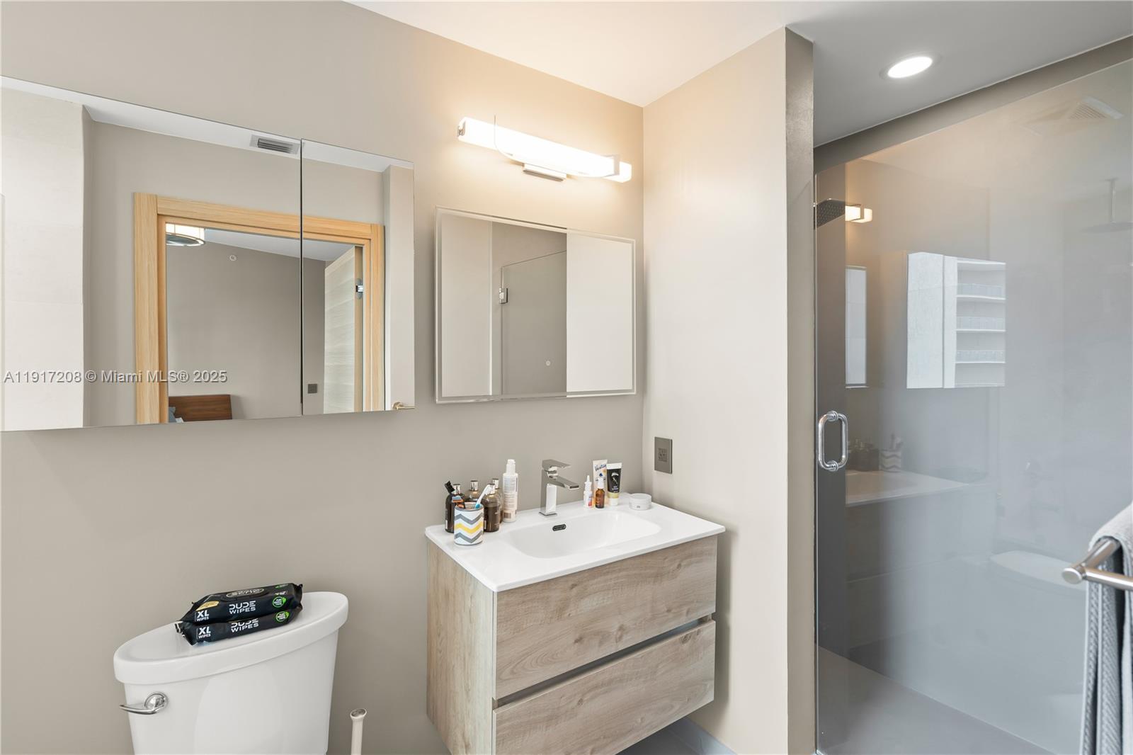 60 Southwest 13th Street, Unit 1400 Miami, FL 33130 - Photo 17 of 46 a bathroom with a sink a toilet and a mirror