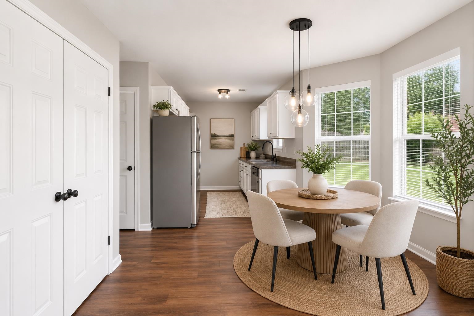 4101 Long Creek Road Memphis, TN 38125 - Photo 14 of 36 Open-concept dining area with wood-finish flooring, two large windows, a contemporary pendant light fixture, and white painted trim