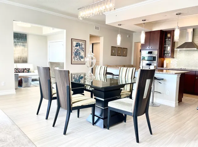 a view of a dining room with furniture