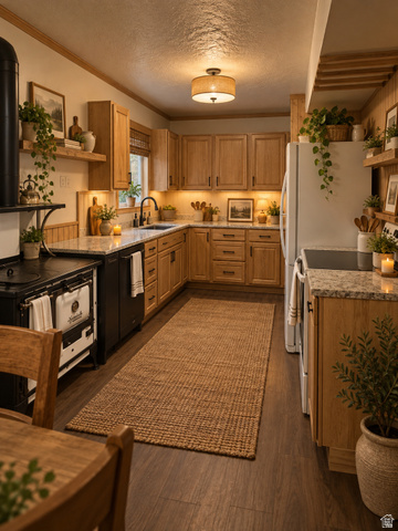 6633 Holiday Hills Road Springville, UT 84663 - Photo 19 of 25 U-shaped kitchen with wood-finish flooring, recessed lighting, wood cabinetry, stone countertops, and a built-in range