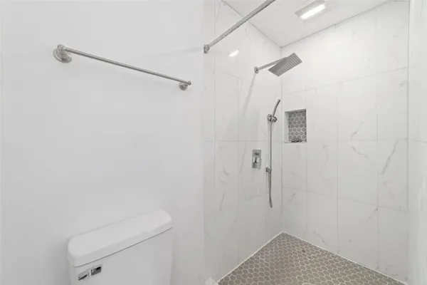 a bathroom with a shower and toilet