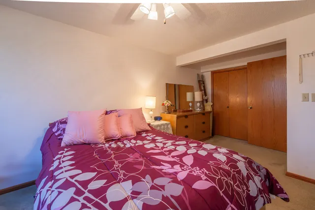 a bedroom with a large bed and a chandelier