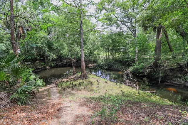 a backyard of a house with lots of green space and lake view