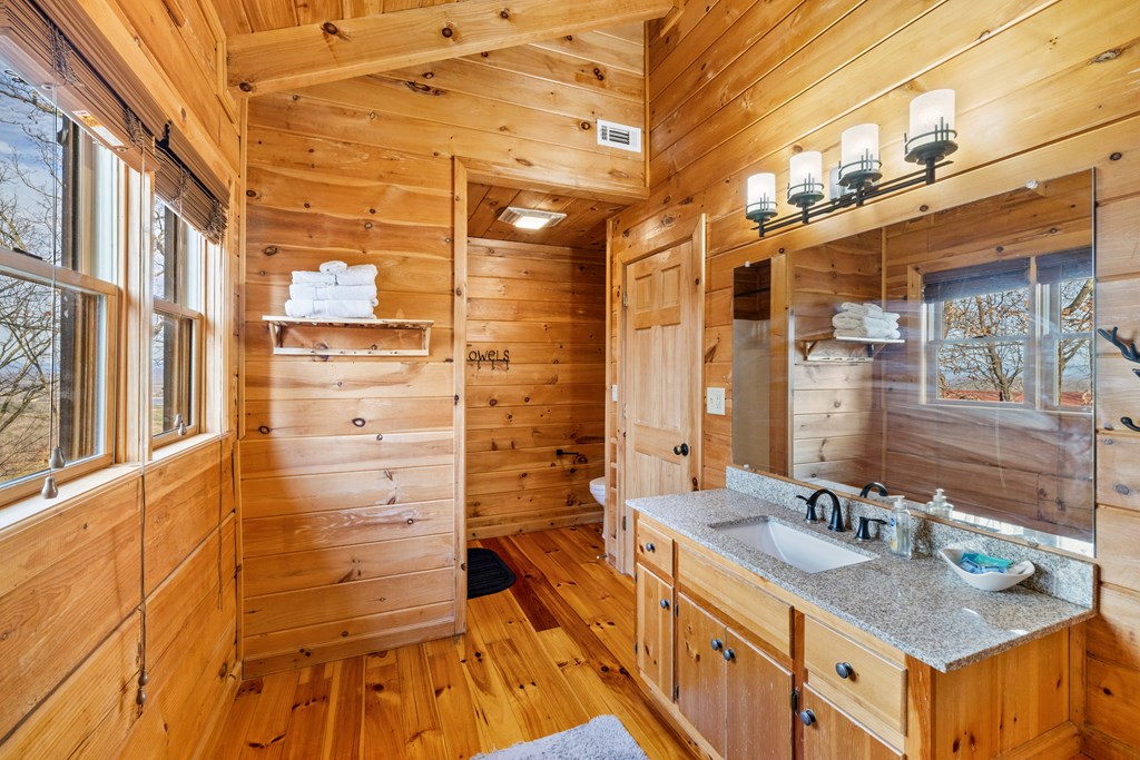 907 Ripshin Mountain Road Blue Ridge, GA 30513 - Photo 34 of 55 a bathroom with a granite countertop sink and a mirror