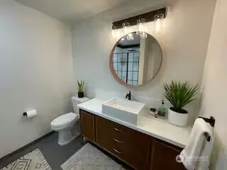 a bathroom with a toilet a sink and mirror