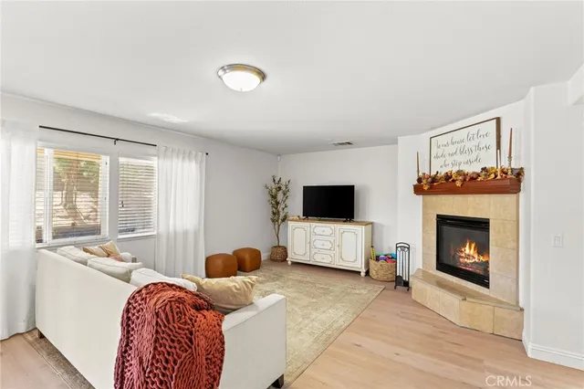 a living room with furniture and a fireplace
