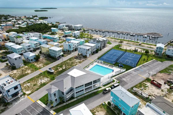 a view of a city with furniture