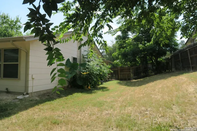 a backyard of a house with plants and trees