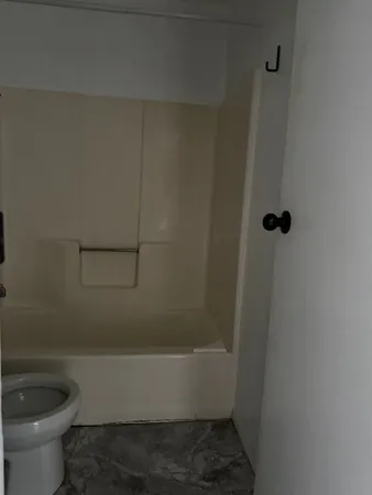 a bathroom with a shower and toilet